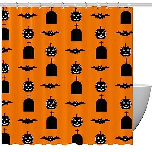 Produktbild: Duschvorhänge für Badezimmer, Stoff-Duschvorhang mit Haken, stilvoller moderner Vorhang, Baddekoration,Halloween Kürbis Fledermaus Cartoon