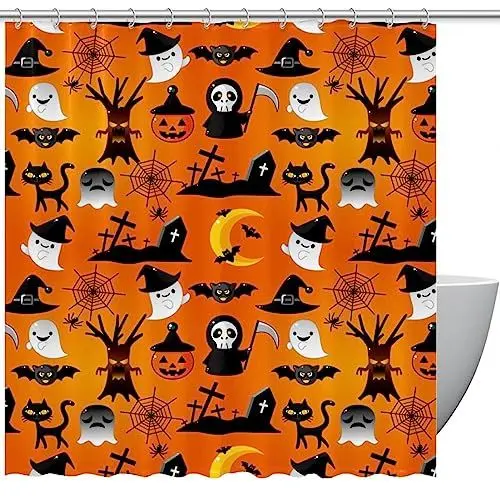 Produktbild: Duschvorhänge für Badezimmer, Stoff-Duschvorhang mit Haken, stilvoller moderner Vorhang, Baddekoration,Halloween Kürbis Schwarze Katzen Karikatur
