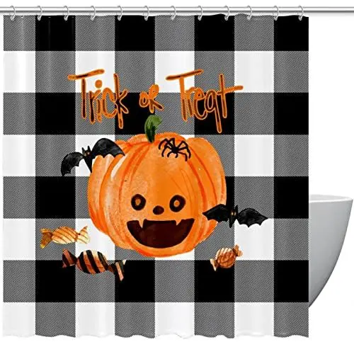 Produktbild: Duschvorhänge für Badezimmer, Stoff-Duschvorhang mit Haken, stilvoller moderner Vorhang, Baddekoration,Halloween Süßigkeits Kürbis Fledermaus Plaid