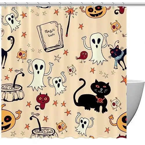 Produktbild: Duschvorhänge für Badezimmer, Stoff-Duschvorhang mit Haken, stilvoller moderner Vorhang, Baddekoration,Schwarze Katze Kürbis Stern Karikatur Halloweens