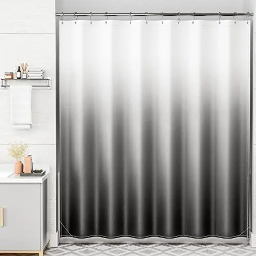 Produktbild: AmazerBath Duschvorhang 180X200cm Textil, Grau Duschvorhänge Stoff Farbverlauf Badvorhang Wasserdicht Waschbar Antischimmel mit 12 Haken and 12 Duschvorhangringen(Weiß nach Schwarz)
