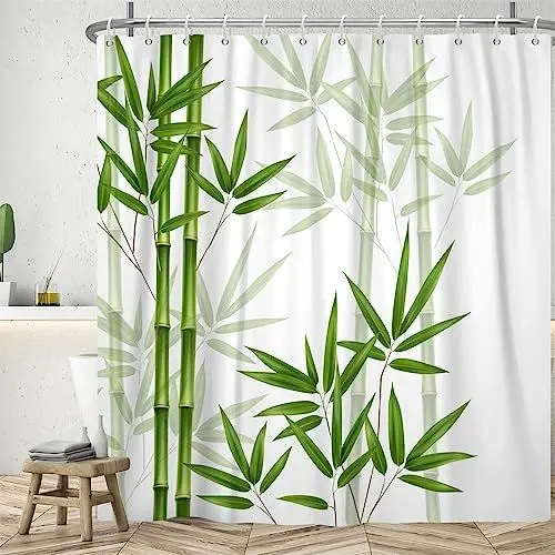 Produktbild: Duschvorhang Bambus, Uiiooazy Duschvorhang Grün Blätter Baum Pflanzen Zen Duschvorhäng Anti Schimmel Wasserdicht Polyester Stoff Waschbar Blickdicht Bad Vorhang mit 12 Haken für Badezimmer 180Bx180Hcm