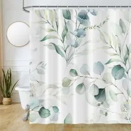 Produktbild: Duschvorhang Eukalyptus, Uiiooazy Duschvorhang Grün Blätter Blumenmuster Duschvorhäng Anti Schimmel Wasserabweisend Polyester Stoff Waschbar Blickdicht Bad Vorhang mit Haken für Badezimmer 180Bx220Hcm