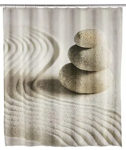 Produktbild: WENKO Duschvorhang Sand & Stone, Textil-Vorhang fürs Badezimmer, mit Ringen zur Befestigung an der Duschstange, waschbar, wasserabweisend, 180 x 200 cm