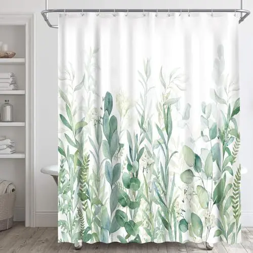Produktbild: Duschvorhang mit 12 Haken, Textil Anti-schimmel Wasserdicht Waschbar Duschvorhänge 180x200cm Shower Curtains für Badezimmer, Maschinenwaschbar, Plant Leaves Bathroom Shower Curtains Set, Weighted Hem