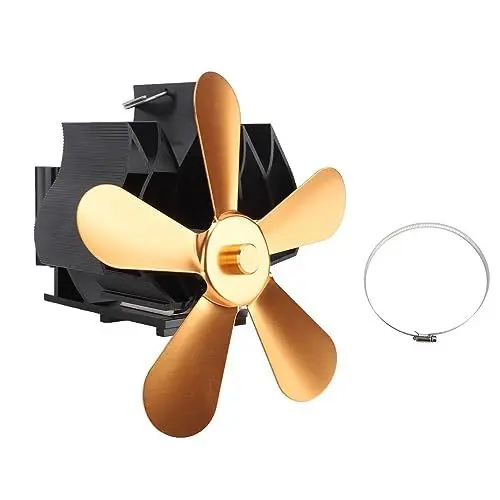 Produktbild: Dussdote Holzofenventilator mit 5 Flügeln, Kaminventilator für Holzofen, Kaminventilator für Holzofen, leiser Motorbetrieb, zirkulierende warme Luft (Gold)
