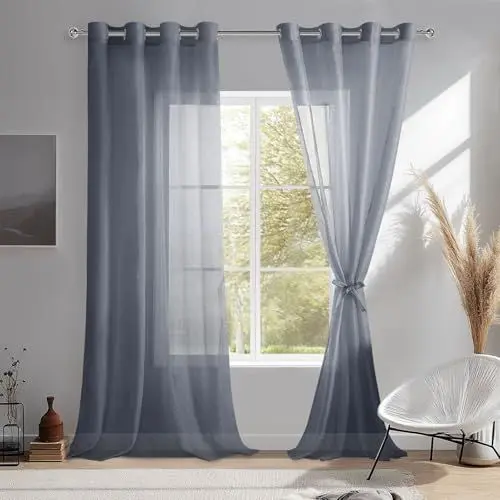 Produktbild: DWCN Sheer Voile Vorhang Transparente Gardine mit Ösen 2 Stücke Ösenschal für Wohnzimmer, Babyroom，Schlafzimmer, Dunkelgrau, 210x132cm(HxB)