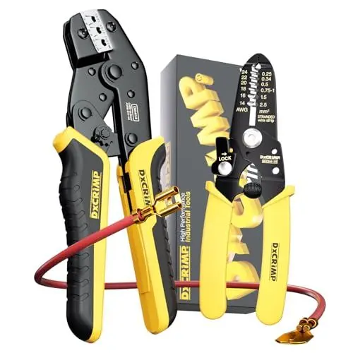 Produktbild: DxCRIMP Flachstecker Crimpzange Set, Crimpwerkzeug kabelschuhe für 0.25-2.5 mm² Kable, Crimpzangen Set mit Abisolierzange, Steckverbinder Crimp Tool, Krimpzange, Selbsteinstellende Crimp Zange