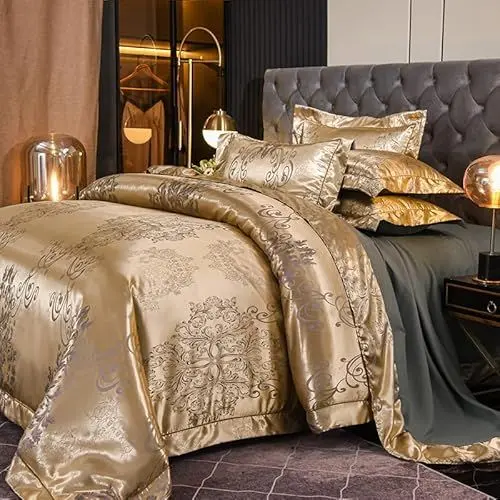 Produktbild: DXHOME Bettwäsche Gold 155x220 Satin Luxuriös Wendebettwäsche Mikrofaser Jacquard Blumenmuster Stickerei Bettbezug mit Reißverschluss und 2 Kissenbezüge 80 x 80cm