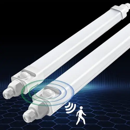Produktbild: DXLIGHTING 2 Stück LED Feuchtraumleuchte 60cm mit Bewegungsmelder, 18W 1800LM Röhrenlampe, 4000K Neutralweiß Wannenleuchte, IP65 Kellerlampe, Verknüpfbar Feuchtraumlampe für Büro Flur Treppe Garage