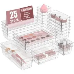 Produktbild: DYDHRER 25 Stücke Schubladen Organizer, schubladen ordnungssystem mit 4 Größen, schubladenorganizer Tablett für Kosmetik, Schmuck, Schminktisch, Badezimmer, Küchenutensilien und Büroschreibtisch