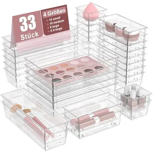 Produktbild: DYDHRER 33 Stücke Schubladen Organizer, schubladen ordnungssystem mit 4 Größen, schubladenorganizer Tablett für Kosmetik, Schmuck, Schminktisch, Badezimmer, Küchenutensilien und Büroschreibtisch
