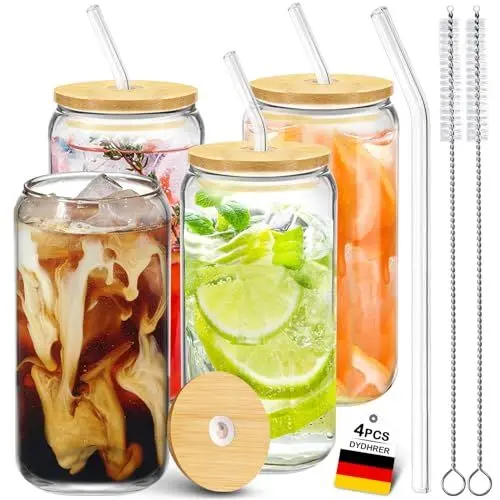Produktbild: DYDHRER 4er Set Glas mit Deckel und Strohhalm, 500ML Bubble Tea Becher, Glas Dosenform,Trinkgläser mit Deckel und Strohhalm, Wiederverwendbare Glas Dosenform für Kaffee,Smoothie Gläser, Cocktailglas