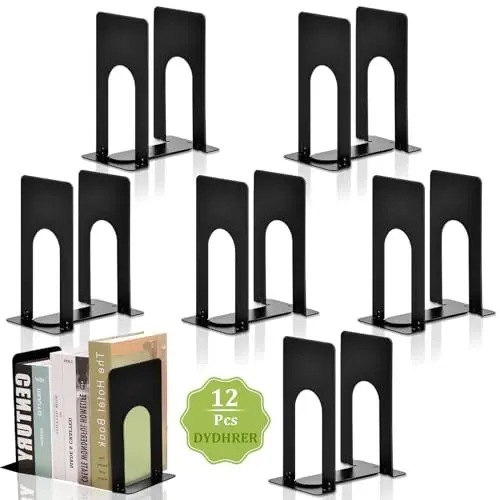 Produktbild: DYDHRER 6 Paar Buchstütze, Buchstützen Metall, Hochwertiges Bücherhalter, Buchstütze Schwarz, rutschfeste Buchhalter Regal für Kinder, Schule, Haus und Bibliothek-Schwarz/12 Stück(70x100x130mm)