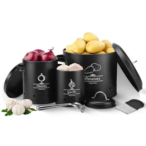 Produktbild: DYDHRER Kartoffel Aufbewahrungsbox 3er Set, Zwiebel Aufbewahrung mit Schälmesser und Wellenmesser, Kartoffelbox Hält Gemüse Frisch Ideal für Zwiebel Aufbewahrung & Kartoffel Aufbewahrung