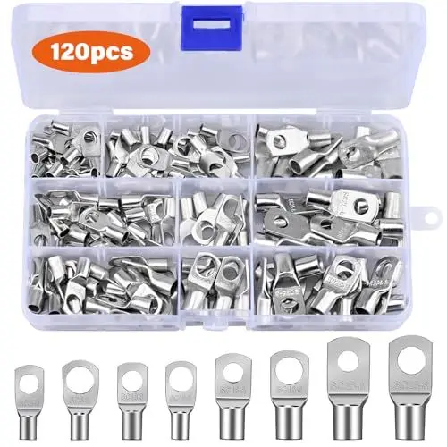 Produktbild: DYDHRER Rohrkabelschuhe, (120 Pcs) Kabelschuhe, Ringkabelschuhe Set 6mm² 10mm² 16mm² 25mm², Rohrkabelschuh, Kupferklemen Ringkabelschuhe für Kfz Motorräder Batteriekabel, Kupferkabelschuhen M6 M8