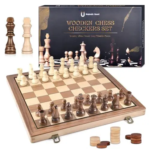 Produktbild: DYDHRER Schachspiel, 2 in 1 Schachbrett Holz Hochwertig, Tragbare Schachbrett, Chess Board Klappbar, Reiseschach, Schachspiel Kinder, Magnetisch Set für Party Familie Aktivitäten-39x39cm