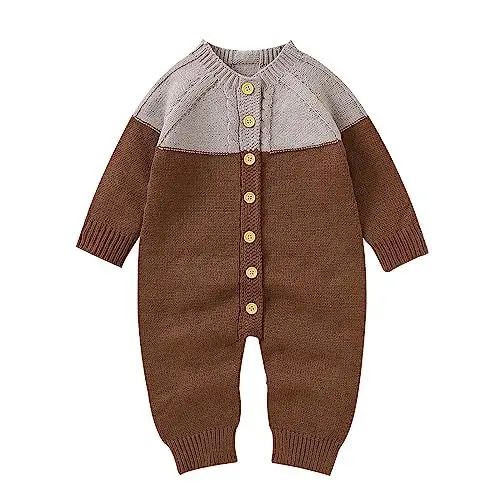 Produktbild: DYKeWei Baby Strampler Set Junge Mit Ohren Neugeborenen Baby Stricken Strampler Baumwolle Langarm Junge Mädchen Patchwork Pullover Kleidung Baby Overall Bodys FüR Babys (Coffee, 9-12 Months)
