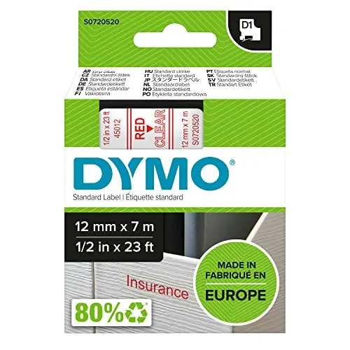 Produktbild: DYMO Original D1-Etikettenband | rot auf transparent | 12 mm x 7 m | selbstklebendes Schriftband | für LabelManager-Beschriftungsgerät