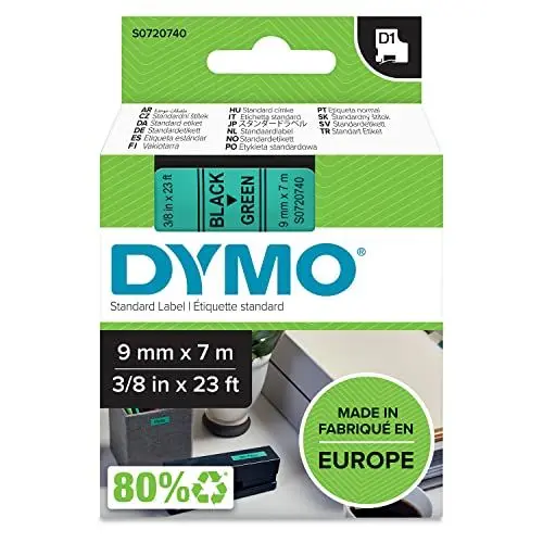 Produktbild: DYMO Original D1-Etikettenband | schwarz auf grün | 9 mm x 7 m | selbstklebendes Schriftband | für LabelManager-Beschriftungsgerät