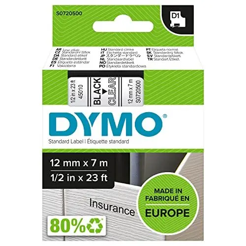 Produktbild: DYMO Original D1-Etikettenband | schwarz auf transparent | 12 mm x 7 m | selbstklebendes Schriftband | für LabelManager-Beschriftungsgerät