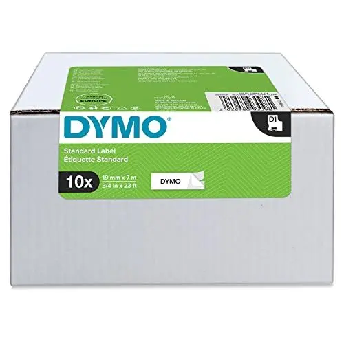 Produktbild: DYMO Original D1-Etikettenband | schwarz auf weiß | 19 mm x 7 m | selbstklebendes Schriftband | für LabelManager-Beschriftungsgerät | 10 D1 Etikettenkassetten