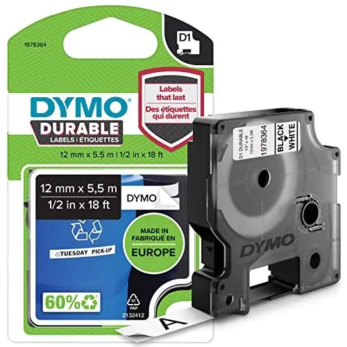 Produktbild: DYMO Original D1 Hochleistungs-Etikettenband | schwarz auf weiß | 12 mm x 5,5 m | permanent haftendes Vinyl- Schriftband | für LabelManager-Beschriftungsgerät