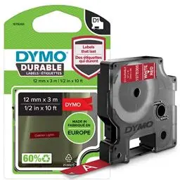 Produktbild: DYMO Original D1 Hochleistungs-Etikettenband, weiß auf rot, 12 mm x 3 m, permanent haftendes Vinyl-Schriftband, für LabelManager-Beschriftungsgerät