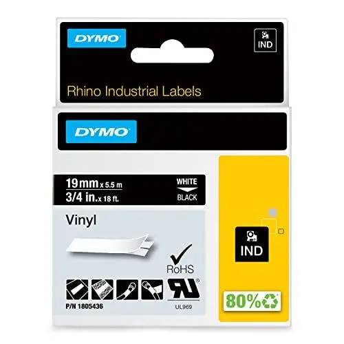 Produktbild: DYMO Rhino-Industrie-Vinyletiketten | 9 mm x 5,5 m | weiß auf schwarz | selbstklebendes Schriftband | für DYMO Rhino und LabelManager Beschriftungsgerät
