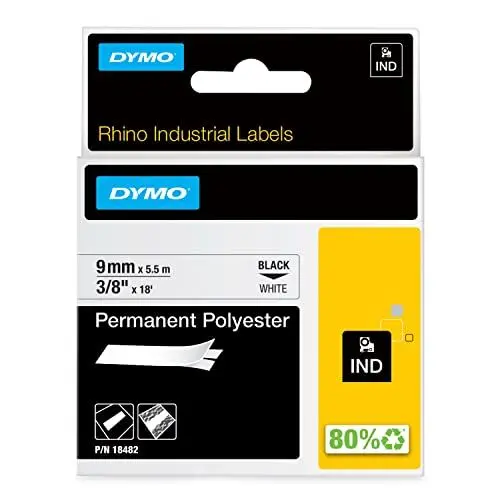 Produktbild: DYMO Rhino Industrie Permanente Polyesteretiketten | 9 mm x 5,5 m | Schwarz auf Weiß | selbstklebendes Schriftband | für DYMO Rhino und LabelManager Beschriftungsgerät