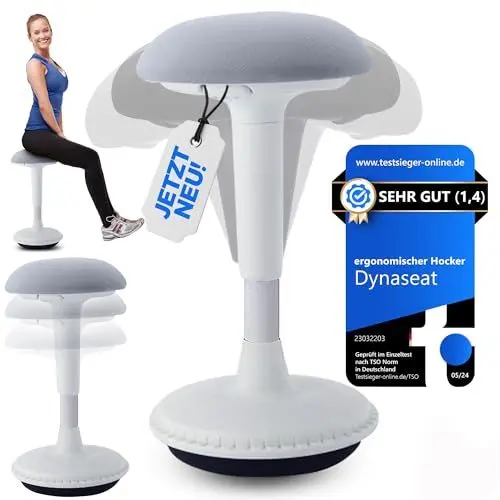 Produktbild: Dynaseat Ergonomischer Hocker höhenverstellbar zum Sitzen & Stehen (Weiß, 45-65 Variante) - Sitzhocker Bürohocker ergonomisch - Schreibtischhocker mit Schwingeffekt - Stehhilfe