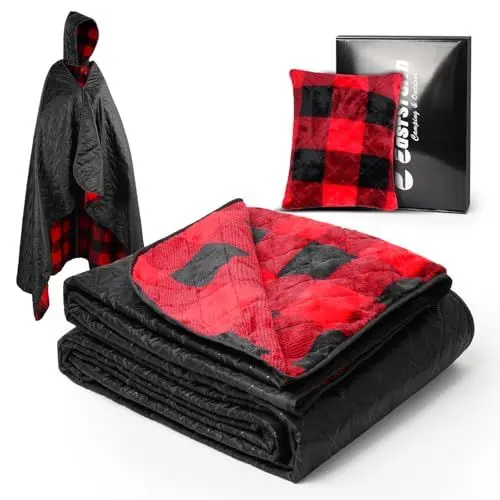 Produktbild: E EASTSTORM Reisedecke Autodecke, 300gsm Hautfreundliche Flanell-Innenausstattung mit Kissenverpackung, PU 3000 Wasserdicht, Warme Winddichte Camping Outdoor Decke, Hoodie Decke Geschenk, 200x140CM