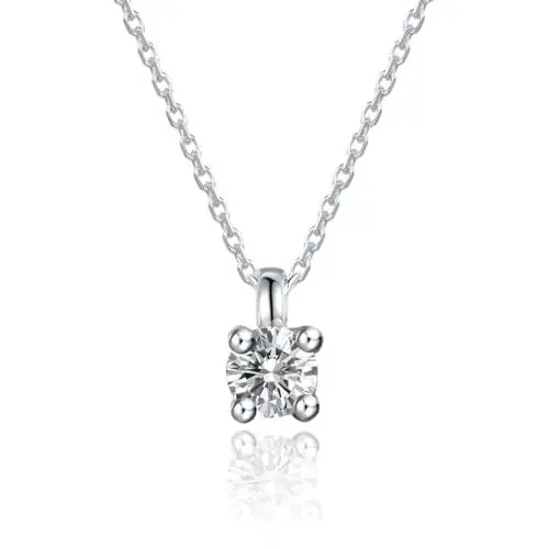 Produktbild: E Jewelry Damen 925 Sterling Silber Basic Kette, Runde Zirkonia Halskette, Weiß Solitär Anhänger Kette, Rhodiniert Halskette 40+5cm