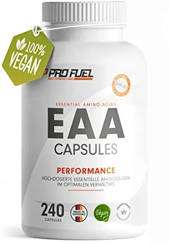Produktbild: EAA Kapseln hochdosiert 240 Giga Caps mit je 1000 mg EAA (vegan) - Optimiertes Multi-Amino EAA-Pattern (Human Code-Profil) - Ohne Zusatzstoffe - Made in Germany - 100% vegan - ProFuel