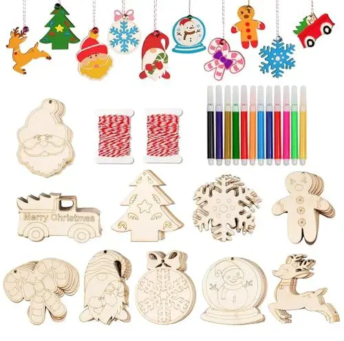 Produktbild: Eachans 20 Stück 3,5 * 3,5 Zoll Weihnachten Deko Holzanhänger mit 12 Aquarellstiften, Holz Weihnachtsbaum Anhänger zum Bemalen, Weihnachtsbaumschmuck Christbaumschmuck Weihnachtsbaumanhänger