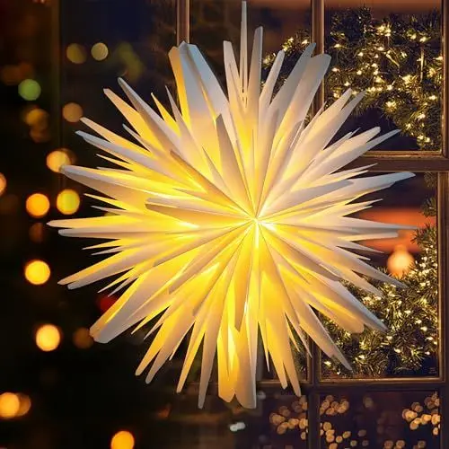Produktbild: EANLOLY Weihnachtsstern Beleuchtet LED Stern, Weihnachtsdeko Innen Fenster, Papiersterne Zum Aufhängen mit Beleuchtung, Weihnachten Leuchtstern Lichterkette, Weiß Ø 45 cm