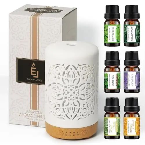 Produktbild: Earnest Living Ätherisches Öl Diffusor Geschenkset Weiß Keramik Diffusor 100ml & Ätherisches Öl Set Timer Nachtlichter Auto Off Funktion Home Office Luftbefeuchter Aromatherapie Diffusoren für