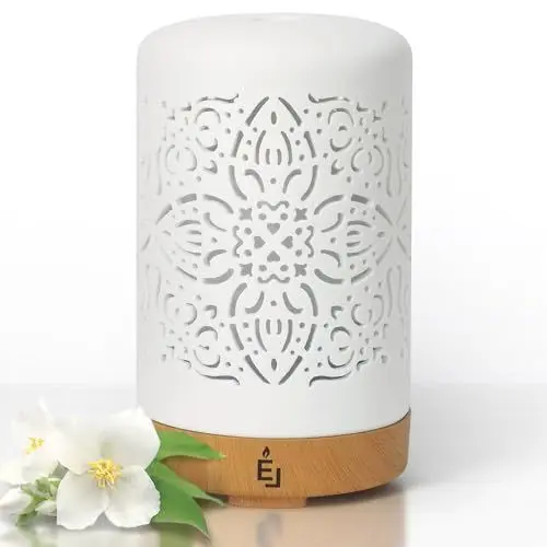 Produktbild: Earnest Living Aroma Diffuser für Ätherische Öle 100 ml - Weißer Keramik Raumduft Duftöl Diffuser - Elektrische Duftlampe, Luftbefeuchter, Nachttischlampe - 7 Lichtfarben, Timer, Abschaltautomatik