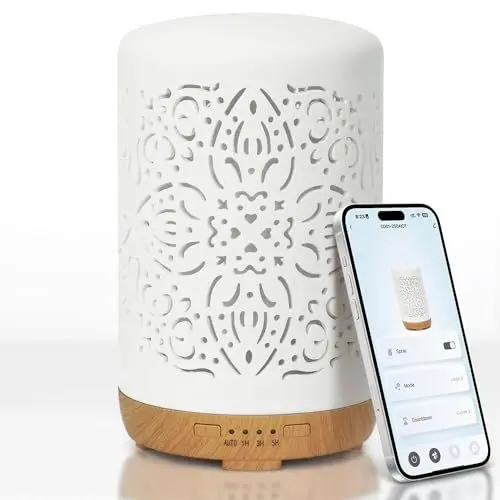 Produktbild: Earnest Living Smart WiFi Diffusor für ätherische Öle Keramik diffusor 250 ml mit Alexa Google Home App Telefonsteuerung LED und automatischer Abschaltung Büro-Luftbefeuchter Aromatherapie Weiß
