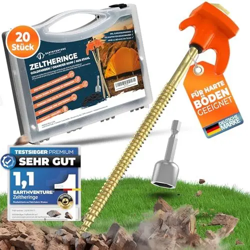 Produktbild: EARTHVENTURE® 20x Zeltheringe aus Stahl - Heringe - Schraubheringe - stabile & sturmsichere Erdnagel für Camping - ideal für weiche bis Harte Böden Erdschrauben mit Transportbox