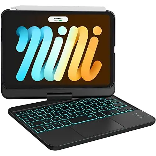 Produktbild: Earto iPad mini 7 Hülle mit Tastatur, Smart Trackpad, 7 Farben Tastatur mit Hintergrundbeleuchtung, 360° drehbar, Kompatibel mit iPad mini 7/6 Generation 8,3 Zoll 2024/2021, QWERTZ Layout, Schwarz