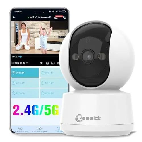 Produktbild: Easick 3MP Überwachungskamera innen,2,4/5Ghz WLAN IP Kamera,Babyphone,Haustierkamera mit Farbnachtsicht,Bewegungserkennung,Auto-Tracking,Zwei-Wege-Audio