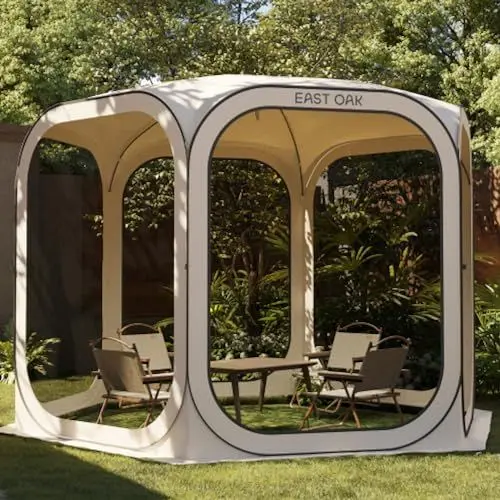 Produktbild: EAST OAK Pop Up Zelt, Pavillon 3×3m, Wurfzelt Große für 4-6 Personen, Gazebo für Camping, Garten, Terrasse, Stoffe Wasserdicht, UPF 50+ UV Schutz, 360° Belüftung, Anti Moskito, mit Tragetasche, Beige