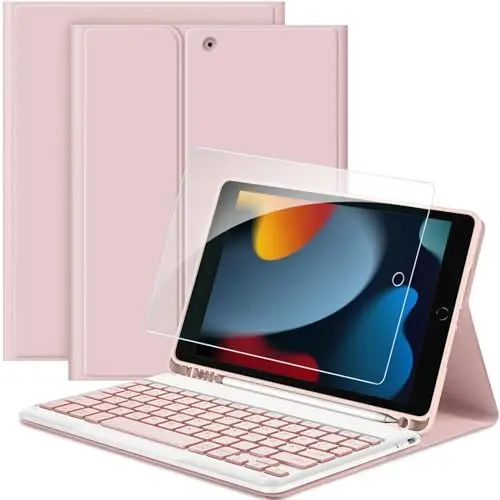 Produktbild: EasyAcc Tastatur Hülle Kompatibel mit iPad 10.2 Zoll (9/8/7 Generation-2021/2020/2019) mit Schutzfolie, (QWERTZ Deutsches), Abnehmbar Tastatur Schutzhülle mit Pencil Halter, Rose Gold