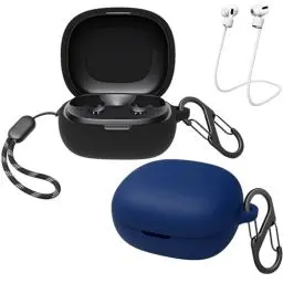 Produktbild: easyBee (2-Pack) Hülle Kompatibel mit Soundcore P20i, mit 2 Karabiner 2 Anti-Verlust-Gurte, Flüssiges Silikon Case Ultradünn Stoßfest Schutzhülle Bluetooth Kopfhörer Tasche - Schwarz und Blau
