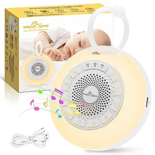 Produktbild: Easy@Home White Noise Machine: Tragbare Einschlafhilfe Babys mit weißem Rauschen | Nachtlicht | 26 Beruhigende Schlaflieder & Naturgeräusche | 3 Timer-Einstellungen | 7 Bunte Beleuchtung & USB