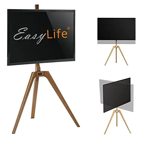 Produktbild: EasyLife - TV Stativ Holz Staffelei Tripod - Studio TV Stand bis 65'' Zoll & 40 kg Fernseher/Monitor, schwenkbar, höhenverstellbar, Kabel Management, VESA bis 400x400 (Schwarz/Nussbaum)