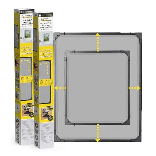 Produktbild: EASYmaxx Insect Protect | Teleskop-Insektenschutzgitter | Fliegengitter Fenster | mit vormontierten Rahmen | ausziehbarer Insektenschutz | integriertes Netz | anthrazit | 2er-Set