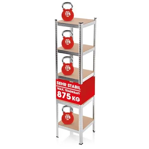 Produktbild: EASYmaxx Schwerlastregal 40x40x180 cm | 875 kg Traglast, 175 kg pro Ebene | Regal und Werkbank | Kellerregal, Lagerregal mit 5 verstellbaren Ablagen | Für Keller, Garage, Hobbyraum, Werkstatt