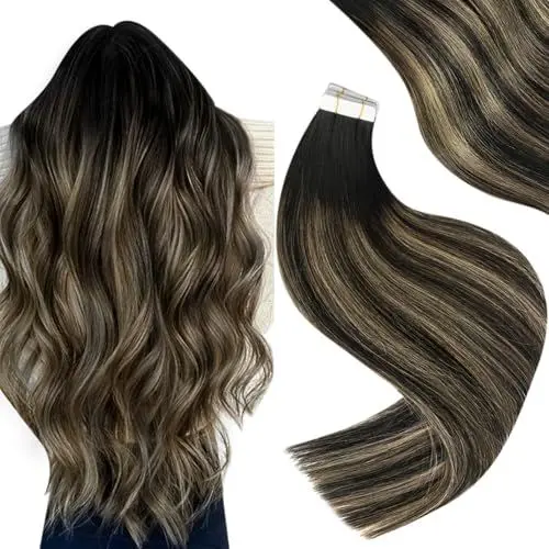 Produktbild: Easyouth Tape on Extension Echthaar Remy Echthaar Tape Extension Farbe Aus Schwarz Mix Honigblond und Aus Schwarz 16 Zoll 40g Echthaar Tape in Haarverlangerung